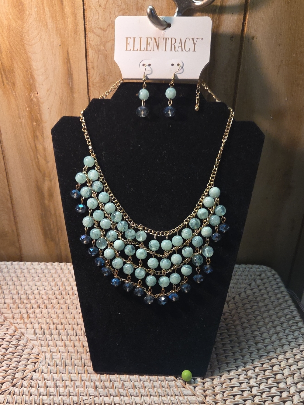 Ellen Tracy Gold-Tone Necklace with Mint and Navy Beads and Matching Earrings